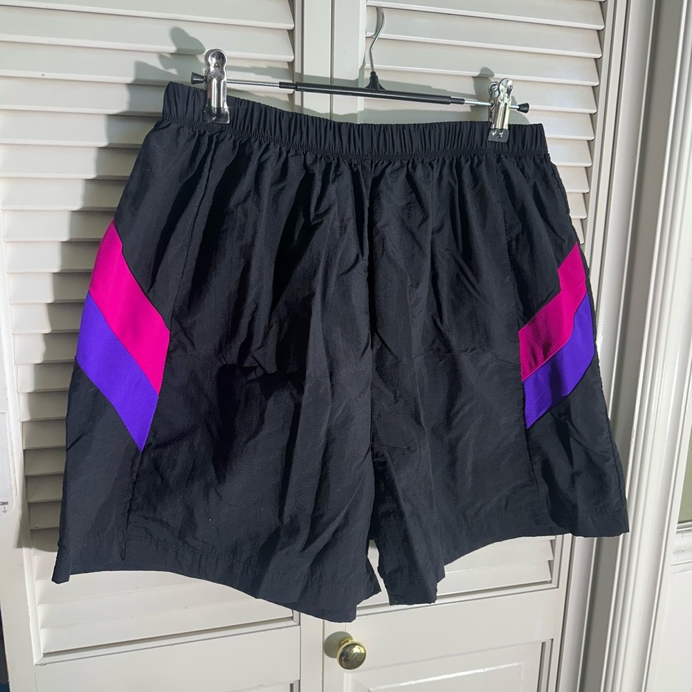 Vintage Men's Black Swim Shorts with Pink and Purple Stripes